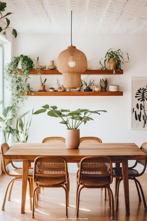 Modhemian Decor, Boho Natural Dining Room, Boho Scandinavian Dining Room, Bohemian Minimalist Kitchen, Boho Casual Interior Design, Boho Living Dining Room, Boho Minimalist Apartment Decor, Boho Dining Set, Plant Decor Dining Room