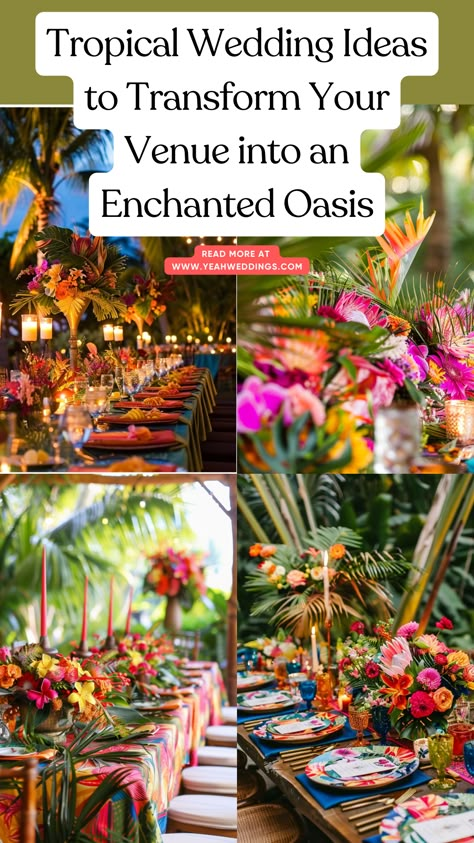 A beautiful tropical wedding setup featuring vibrant flowers, palm leaves, tiki torches, and colorful linens, creating an enchanting oasis. Navy Tropical Wedding, Tropical Wedding Ideas Inspiration, Tiki Wedding Reception, Tropical Forest Wedding, Tropical Wedding Theme Decor, Rainforest Wedding Theme, Tropical Wedding Aesthetic, Tropical Wedding Theme Elegant, 20 Year Vow Renewal Ideas