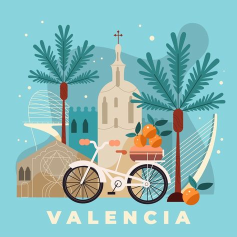 Free Vector | Hand drawn valencia spain illustration Spain Illustration, Watercolor Postcards, Agenda Stickers, Vintage Postcards Travel, Watercolor Postcard, Travel Album, Watercolor Vintage, Travel Postcard, Poster Drawing