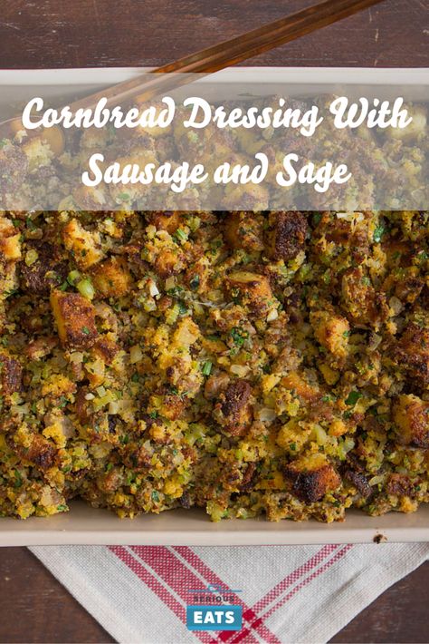 Southern-style cornbread dressing with sausage and sage. Southern Style Cornbread Dressing, Cornbread Dressing With Sausage, Soul Food Cornbread Dressing, Sausage Dressing, Dressing With Sausage, Stuffing With Sausage, Dressing Stuffing, Southern Style Cornbread, Sausage Cornbread Stuffing