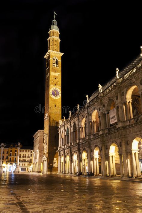 The Clock Tower Torre della Bissara in Vicenza, Italy. This is a night image of #Sponsored , #paid, #AD, #Torre, #Clock, #night, #della Clock Tower Tattoo, Dheo Tyler, Tartarian Architecture, Tower Tattoo, Europe Cities, Moon Board, Italy Tourism, 2023 Books, Vicenza Italy