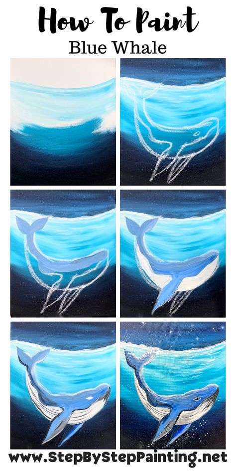 How To Paint A Blue Whale - Step By Step Tutorial Ocean Art Painting, Whale Painting, Beach Art Painting, Underwater Scene, Small Canvas Paintings, A Starry Night, Canvas Painting Tutorials, Whale Art, Painting Art Lesson