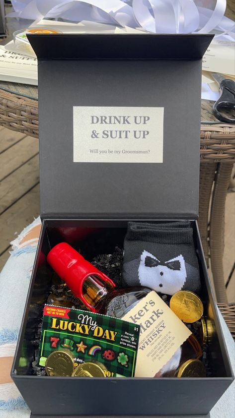 Groomsman purposal boxes Men Asking Groomsmen Be My Groomsman, Alcohol Groomsmen Proposal, More Groomsmen Than Bridesmaids, Groomsman Box Ideas, Groom Asking Groomsmen Ideas, Grooms Proposal Boxes, Groom Proposal Boxes, Groomsmen Thank You Gifts, Grooms Men Boxes