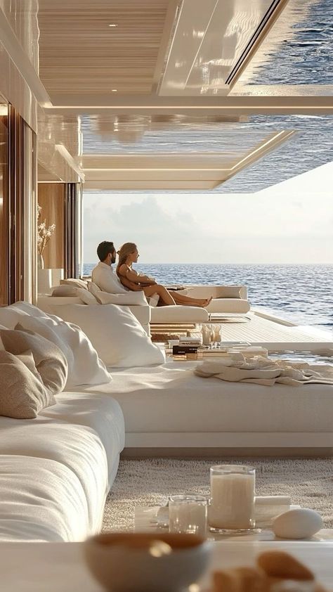 Futuristic Yacht Interior, Super Yachts Interior, Yacht House, Yachts Interior, Yacht Style, Penthouse Terrace, Yacht Aesthetic, Yacht Interior Design, Luxury Couple