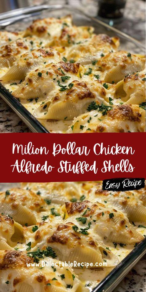 Stuffed Chicken Pasta Shells, Million Dollar Chicken Stuffed Shells, Chicken Alfredo Pasta Shells, Chicken And Shells Recipes, Chicken Alfredo Stuffed Shells Without Ricotta, Recipes For Jumbo Pasta Shells, Alfredo Shells Stuffed Chicken, Family Supper Recipes, Stuffed Chicken Shells With Stuffing