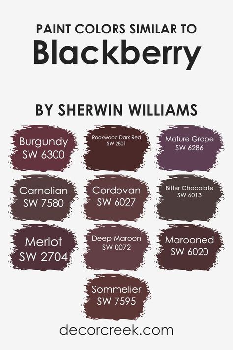 Colors Similar to Blackberry SW 7577 by Sherwin Williams Sw Carnelian Paint, Sherwin Williams Bitter Chocolate, Cordovan Sherwin Williams, Sherwin Williams Marooned, Best Burgundy Paint Color, Dark Burgundy Paint Color, Sommelier Sherwin Williams, Carnelian Sherwin Williams, Sw Carnelian