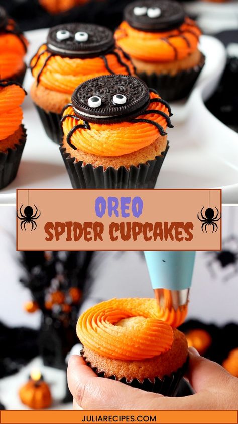 These are not only frightfully fun to make but also a devilishly delightful treat for all ages. With a web of sugary intrigue, these cupcakes are sure to spin a web of enchantment at your next Halloween gathering. #halloweencupcakes #oreospidercupcakes Oreo Halloween Cupcakes, Halloween Frosting Cupcakes, Oreo Cupcakes Halloween, Halloween Spider Cupcakes, Oreo Spider Cupcakes, Oreo Spiders, Spider Cupcakes Halloween, Chocolate Spiders, Candy Corn Recipe