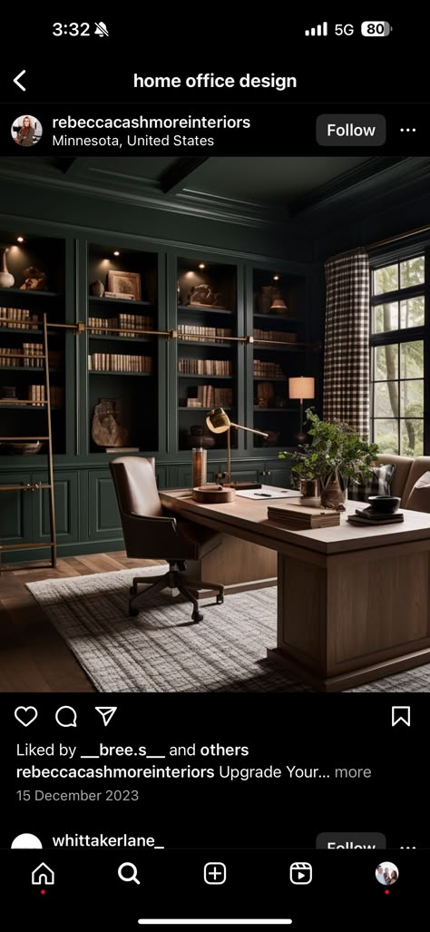 Dark Academia Media Room, Vintage Men’s Study, Dark Green Office Walls, Dark Academia Aesthetic Office, Dark Academia Office Aesthetic, Dark Green Office Ideas, Old Office Aesthetic, Green Office Aesthetic, Dark Green Study