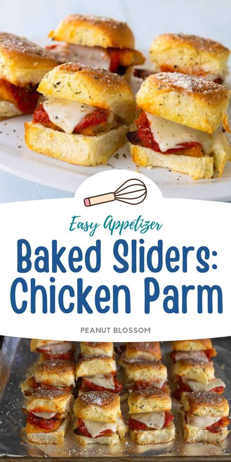 Easy Chicken Parm Sliders Sandwiches For A Party, Easy Chicken Sliders, Chicken Parm Sliders, Easy Chicken Parm, Hearty Appetizer, Parm Sliders, Chicken Parmesean, Guy Food, Baked Chicken Parm