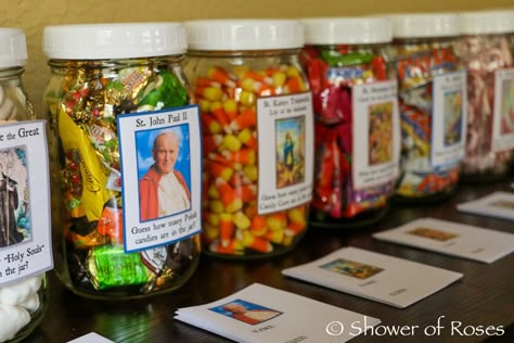 Catholic Cuisine: 12 More Saint Themed Guessing Jars Guessing Jar Ideas, Jar Guessing Game, All Saints Day Party, Guessing Jar, Payday Candy Bar, Catholic Schools Week, Dum Dums, Souls Day, Liturgical Year