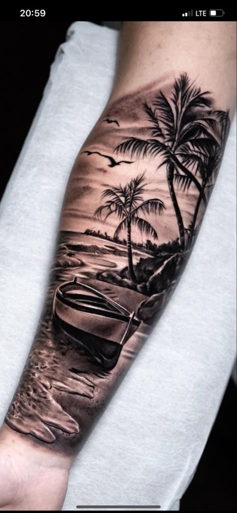 Beach Tattoo Sketch, Beach Tattoo Half Sleeve, Realistic Beach Tattoo, Tropical Tattoo Design, Beach Chest Tattoo, Beach Tattoos Men, Island Tattoo Men, Sunset Tattoo Men, Sleeves Tattoos For Guys