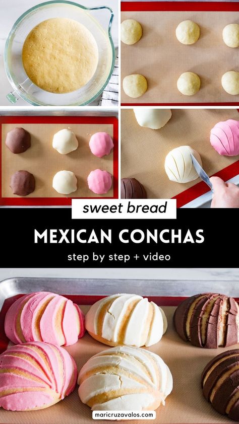 Learn how to make Mexican conchas bread, a soft and sweet treat perfect to enjoy with coffee, milk, or hot chocolate. Concha pan dulce is easy to make at home and better than the one you can find at any panadería. #mexicanbread #conchasreceta Mexican Conchas, Mexican Sweets, Mexican Pastries, Smores Dessert, Mexican Sweet Breads, Mexican Bread, Coconut Dessert, Potluck Desserts, Mexican Recipe