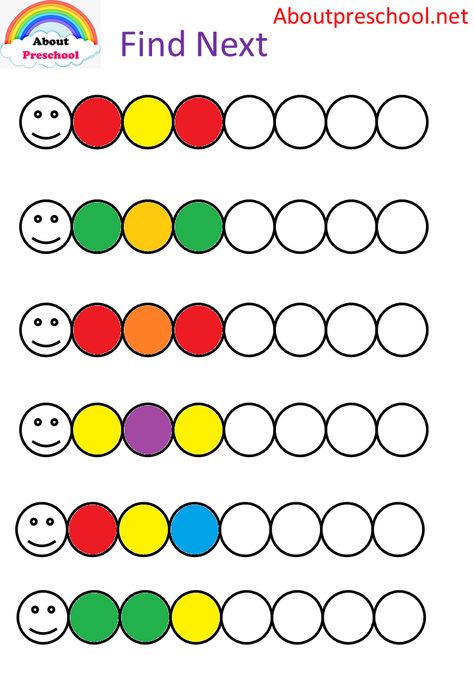 An activity that will contribute to your children’s cognitive development. Find and paint next color. What Comes Next Pattern Worksheet, Patterns Activities Preschool, Pattern Preschool Activities, Patterns For Kindergarten, Pattern Activities Preschool, Math Patterns Activities, Patterns Preschool, Preschool Pattern Worksheets, Preschool Pattern Activities