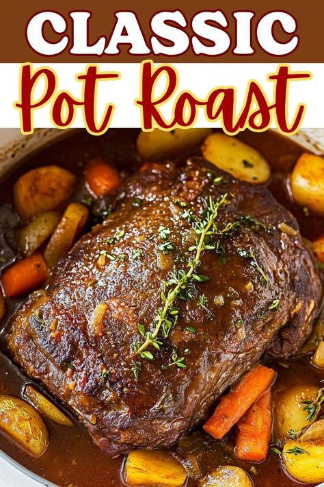 This classic pot roast is a guaranteed crowd-pleaser! Cooked low and slow in a Dutch oven, it's served with veggies, potatoes, and a delicious gravy. Cooking For My Soul Dutch Oven Pot Roast, Pork Pot Roast Dutch Oven, Roast In Oven Recipe How To Cook, Beef Pot Roast Dutch Oven, Slow Cook Roast In Oven, Pot Roast On The Stove Top, Stove Top Pot Roast Recipes, Oven Roasted Pot Roast, Pot Roast Recipes Stove Top