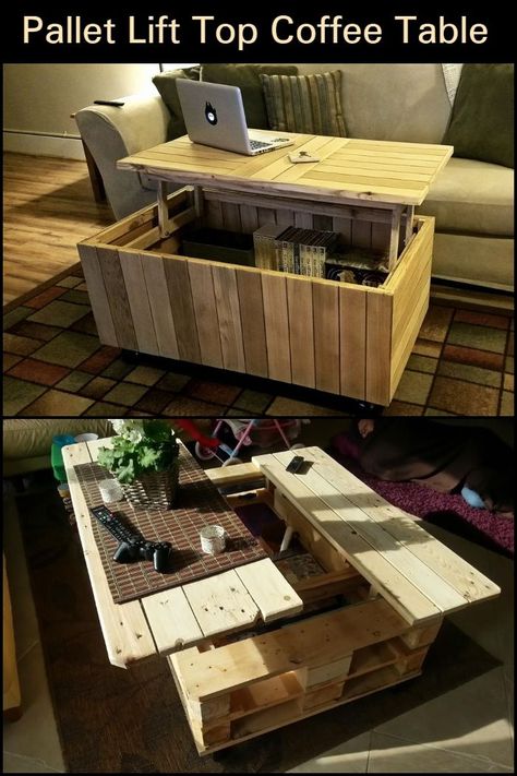 Diy Wood Coffee Table With Storage, Wood Crate Coffee Table Diy, Lift Up Desk, Lift Up Coffee Table Diy, Lift Top Table, Lift Top Coffee Table Makeover, Pallet Coffee Table Diy Easy, Transforming Coffee Table, Coffee Table Pallet Diy