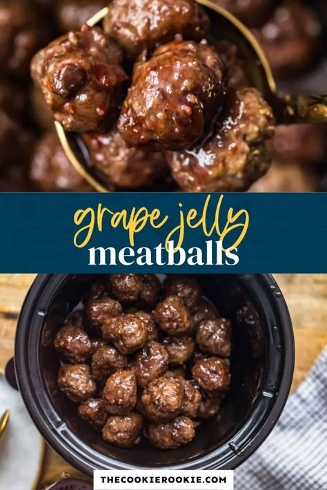 Grape Jelly Meatballs are incredibly easy to make and always disappear fast at parties! Make a holiday party or game day so much more delicious when you serve this simple appetizer. Homemade meatballs are slowly cooked to perfection with just 4 inexpensive ingredients to create the best sweet and tangy sauce! Pop over to my site for this easy appetizer recipe! Meatballs Grape Jelly, Jelly Meatball Recipe, Homemade Grape Jelly, Sweet Red Chili Sauce, Grape Jelly Meatballs Recipe, Appetizers Meat, Jelly Meatballs, A Crowd Of People, Grape Jelly Meatballs