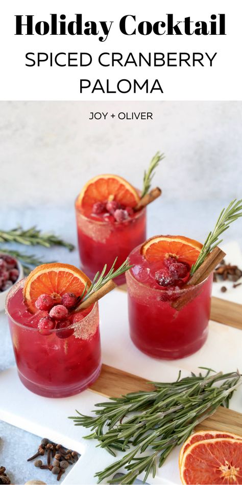 Looking for that perfect New Years Eve drink? Try these Holiday Cocktail-Spiced Cranberry Paloma! Ruby red in color and shaken up with cranberry juice, lime juice, grapefruit juice and tequila and a touch of spiced simple syrup, this is the ultimate festive cocktail! #cocktail #newyearseve #cocktails #festivedrinks Cranberry Paloma Cocktail, Cranberry Paloma, Spiced Simple Syrup, Christmas Drinks Recipes, Paloma Cocktail, Spiced Drinks, Cranberry Cocktail, Boozy Drinks, Winter Cocktails