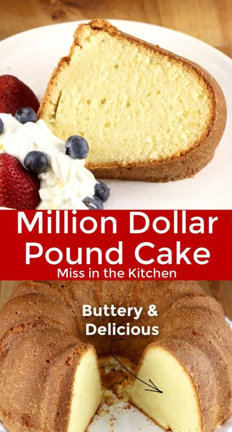 Million Dollar Pound Cake is a buttery and decadent dessert to serve for any occasion. It is perfectly delicious served plain or topped with whipped cream and fresh berries. Easy enough for any day of the week and a great dessert for celebrations, holidays and special occasions. Juneteenth Pound Cake, Million Dollar Pound Cake, Best Pound Cake Recipe, Homemade Pound Cake, Gf Cake, Pound Cake Recipes Easy, Almond Pound Cakes, Cake Classic, 2023 Food