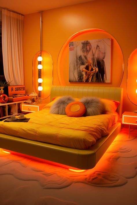 Retro Contemporary Bedroom, 60s Themed Bedroom, Retro Futurism Aesthetic Room, Miami Room Aesthetic, Retro Futurism Bedroom, Space Age Interior Design, Memphis Design Interior, Bauhaus Bedroom, Space Age Interior