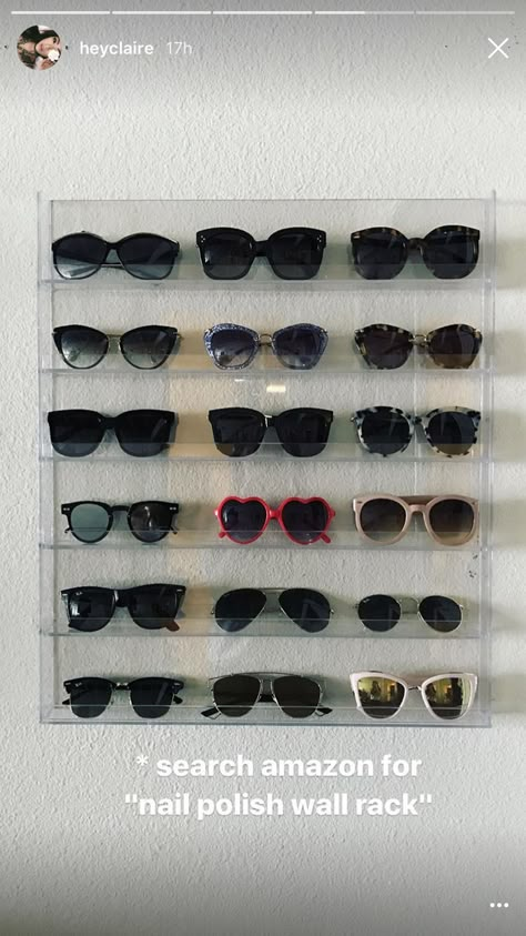 Sunglasses Rack Wall, Sunglasses Wall Display, How To Store Sunglasses, Sunglass Storage Ideas, Glasses Storage Ideas, Glasses Organization, Sunglasses Shelf, Sunglass Rack, Diy Sunglasses Holder