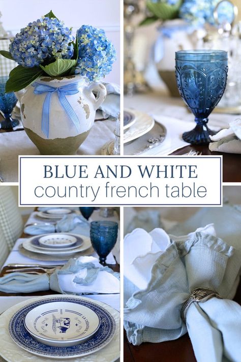 If you love the relaxed elegance of a country French table setting, you'll enjoy the look of this holiday table centered around blue and white plates. Blue And Cream Table Settings, French Dinner Party Table Setting, Blue Dining Table Decor, French Country Table Settings, French Country Thanksgiving, Country French Table, Dinner Table Modern, French Table Decor, French Country Table Decor