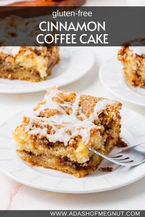 This gluten-free coffee cake recipe so easy to make and such a perfect breakfast or brunch recipe on the weekend. A soft, gluten-free cake with a cinnamon sugar swirl is topped with gluten-free streusel topping and a classic glaze. So moist and fluffy, you won't even be able to tell this recipe is gluten-free! Serve a big slice with a hot cup of coffee for the ultimate breakfast treat! #glutenfree #recipe Gluten Free Sweet Bread, Gluten Free Coffee Cake Muffins, Gluten Free Coffee Cake Recipe, Bisquick Coffee Cake Recipe, Cinnamon Coffee Cake Muffins, Cinnamon Swirl Coffee Cake, Brunch Sweets, Sweet Brunch Recipes, Cinnamon Streusel Topping