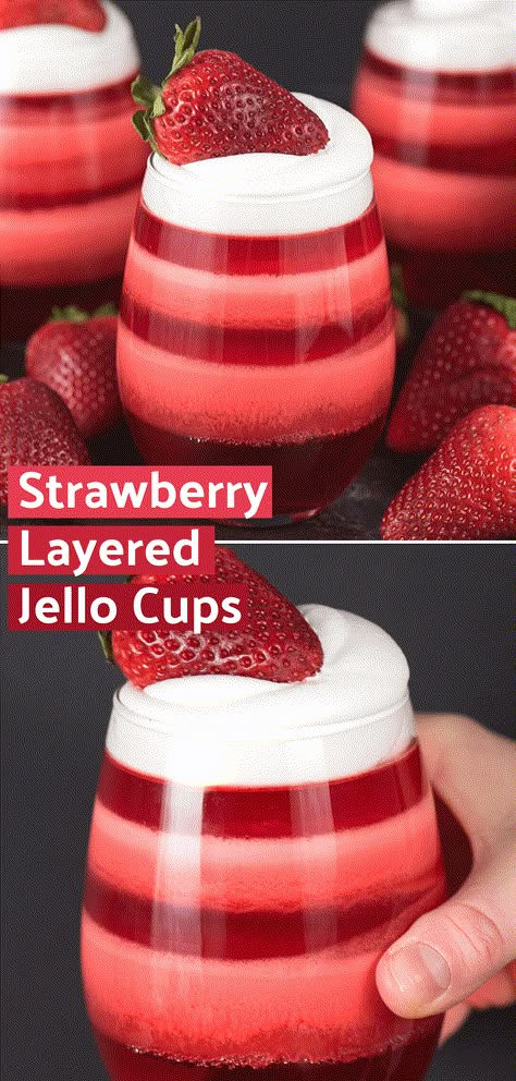 Layered Strawberry Jello Cups - the most popular jello cups on pinterest! You have to see these! They are the perfect Valentine’s Day dessert, kids will love them! Scale them down using smaller cups. Strawberry Jello Cups, Valentines Desserts, Layered Jello, Jello Cups, Jello Dessert, Dessert To Make, Jello Desserts, Kids Valentines Day, Parfait Recipes