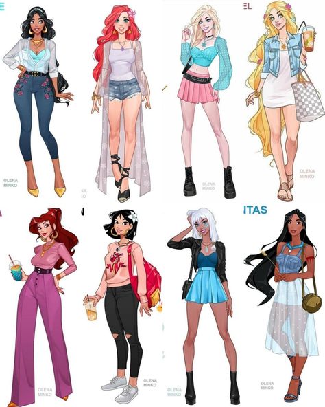 Outfit Design Inspiration, Disney Princesses Fanart Modern, Preppy Princess Aesthetic, Modern Disney Princess Drawings, Modern Disney Characters Outfits, Princess Modern Outfits, Disney Princess Modern Outfits, Modern Disney Princess Outfits, Disney Princess Fanart