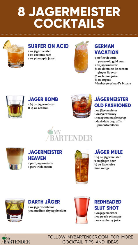 Jagermeister Cocktails Drinks With Jagermeister, Jager Cocktails, Jagermeister Cocktails, Beer Cocktails Recipes, Jager Drinks, Jagermeister Drinks, Bomb Drinks, Bartender Drinks Recipes, Halloween Breakfast