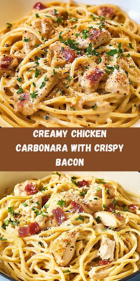 Indulge in the perfect blend of creamy, cheesy goodness and crispy bacon with this quick and delicious Chicken Carbonara. Ingredients: 2 chicken breasts, sliced into strips 200g (7 oz) spaghetti or your favorite pasta 150g (5 oz) bacon, chopped 2 large eggs 1 cup grated Parmesan cheese 2 cloves garlic, minced Salt and pepper to taste Fresh parsley, chopped (for garnish) 1/2 cup pasta water (reserved) 1 tablespoon olive oil Chicken Bacon Peas Pasta, Pasta Carbonara With Chicken, Weekday Food Ideas, Recipe For Chicken Carbonara, Pasta With Bacon Carbonara, Chicken Carbonara Pasta Recipe, Pasta Dishes With Bacon, Cabanara Pasta Recipe Bacon Chicken, Best Carbonara Recipe Creamy