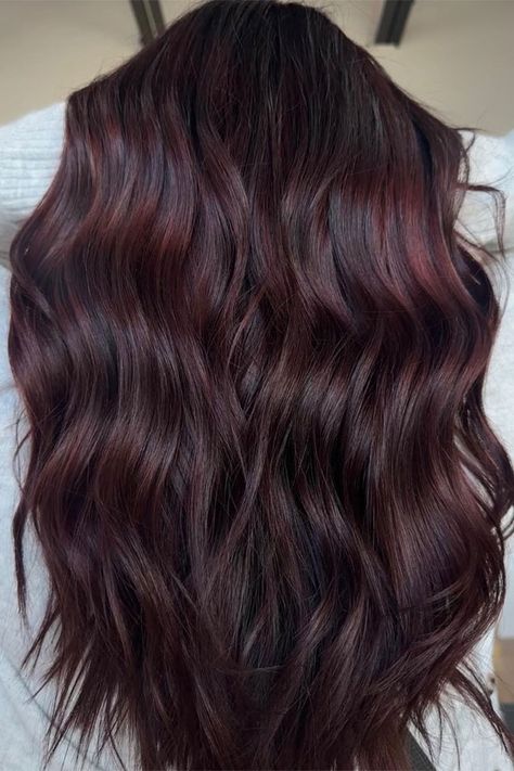 Cherry Red Hair Extensions, Chocolate Brown Hair With Purple Tint, Dark Hair Color Ideas Red Tint, Cola Red Hair Highlights, Raspberry Brunette Hair, Dark Hair Color Ideas With Red, Dark Brown With Hint Of Red, Chocolate Cola Hair, Hair Color Ideas Cherry Red