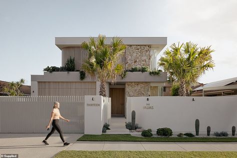 Inside Queensland's 'most photographed' home in Burleigh Heads, Gold Coast 13 Deodar Drive Burleigh Heads, Burleigh Heads House, Modern Facade, Fireplace Frame, Custom Front Doors, Burleigh Heads, Palm Springs Style, Front Fence, House Facades