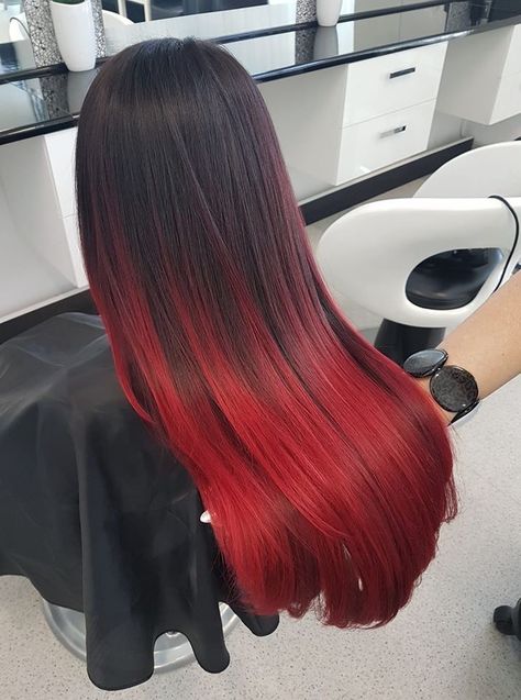 Black And Red Ombré Hair, Ombre Black To Red Hair, Ombre Coloured Nails, Long Red And Black Hair, Black Into Red Hair, Black Hair With Red Ombre, Black And Red Hair Ombre, Red Black Ombre Hair, Black To Dark Red Ombre Hair