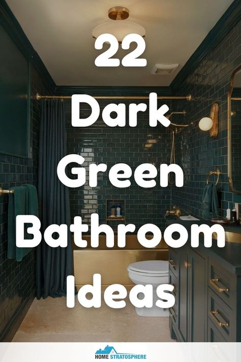 A dark green bathroom with glossy tiles and gold finishes, showcasing a large vanity and a cozy, stylish atmosphere. Dark Green Bathroom Shower Curtain, Pine Green Bathroom Ideas, Green Bathroom Vanity Brown Granite, Green Wall Bathroom Decor, Small Bathroom Dark Ceiling, Black Tan And Green Bathroom, Plant Bathroom Aesthetic Dark, All Green Bathroom Ideas, Bathroom With Dark Green Walls