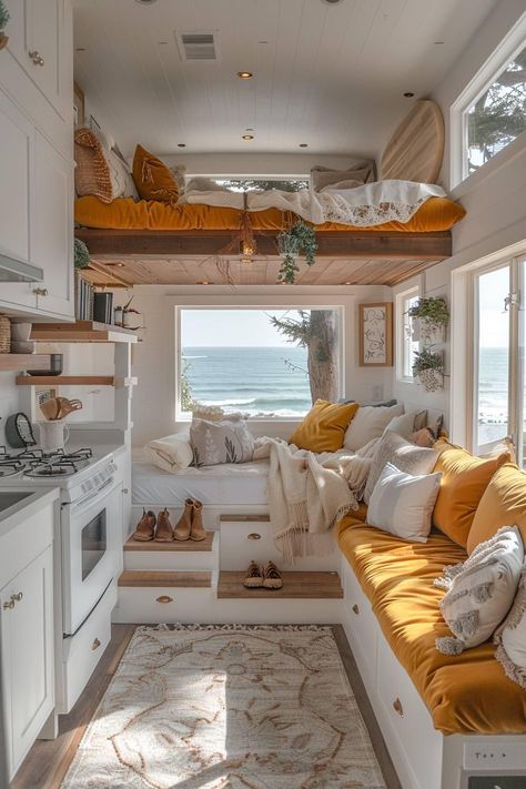 Combi Van Interior, Campervan Boho Interior, Vw Kombi Van Interior, Combi Van Aesthetic, Kombi Van Aesthetic, Caravan Living, Cool Room Designs, Nomad Life, Room Desk