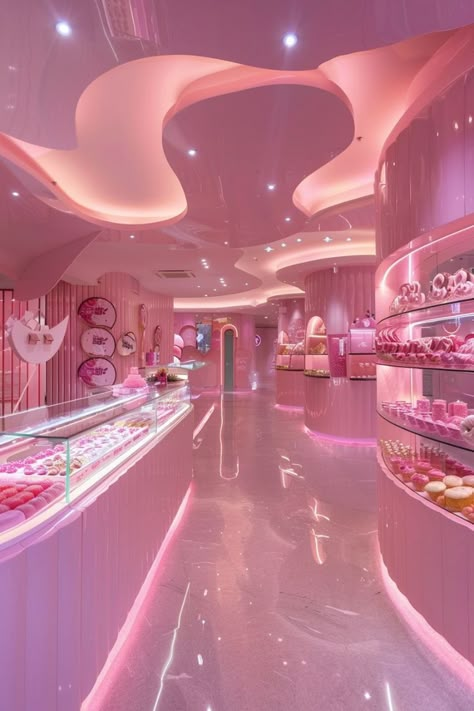 Candy Core Aesthetics, Pink Bakery Interior, Candy Shop Ideas Design, Pink Bakery Aesthetic, Pink Shopping Aesthetic, Candy Store Aesthetic, Candy Shop Aesthetic, Stores Aesthetic, Candy Store Design