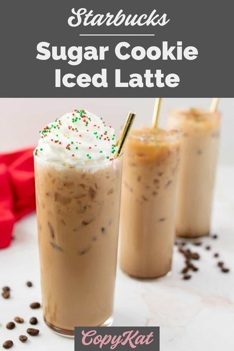 Dunkalatte Recipe, Easy Sugar Free Cookies, Iced Sugar Cookie Latte, Sugar Cookie Syrup, Diy Starbucks Drinks, Coffee Flavors Drinks, Sugar Cookie Latte, Homemade Espresso, Copycat Drinks