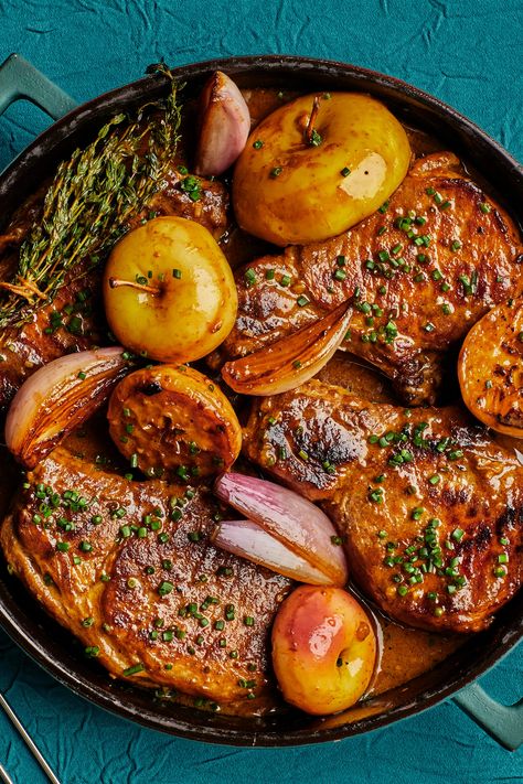 Braising doesn’t have to mean long cooking times. For tender cuts like pork chops, the secret to a great braise lies in the method, not in hours on the stove. Deglazing the pan with a tart-savory combination of hard cider, vinegar, and stock loosens up that layer of browned goodness and reduces down to gravy in about 20 minutes. To finish, the chops simmer in the sauce until they’re cooked through. Voilà: cooked-all-day depth and flavor in under an hour. Braised Pork Chops, Apple Cider Vinegar Chicken, Mustard Pork Chops, Tender Pork Chops, Savory Tart, Cozy Meals, Braised Pork, Low Sodium Chicken Broth, Fall Dinner