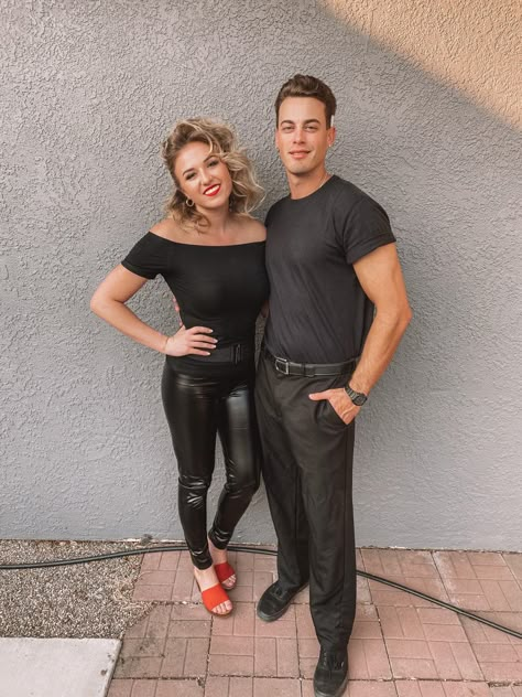 Couple Costumes Grease, Danny Sandy Costume, Sandy And Danny Grease Costume, Grease Couple Halloween Costumes, Greaser Halloween Costume Couple, Sandy Halloween Costume Grease, Sandy Grease Halloween Costume, Couples Costumes Greese, Sandy And Danny Halloween Costume