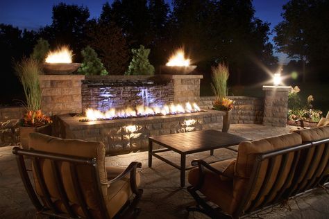 Fire Pit With Water Feature Backyards, Fire Pit And Water Feature Ideas, Backyard Fire Features, Fire Pit Water Feature, Outdoor Fire Feature, Outdoor Fire Feature Ideas, Outdoor Fireplace With Water Feature, Pools With Fire Features, Water And Fire Features For The Yard