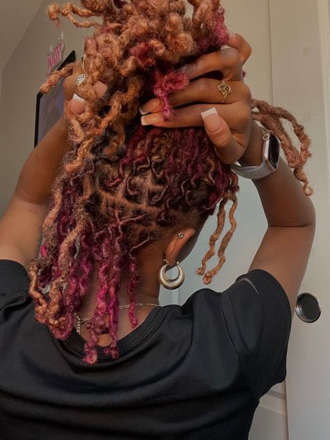 Cute Colors To Dye Your Locs, Purple And Ginger Locs, Pb J Hair Color Locs, Pb J Locs, Locs Colors For Women, Brown And Pink Locs Black Women, Dyed Dreads Women, Two Tone Loc Color, Red And Blonde Hair Color Locs