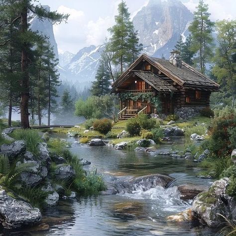 Home / X Baby Dragon Art, Little Cabin In The Woods, Log Cabin Rustic, Building A Cabin, Cabin Inspiration, River Painting, Summer Scenes, Canvas Painting Landscape, Landscape Art Painting