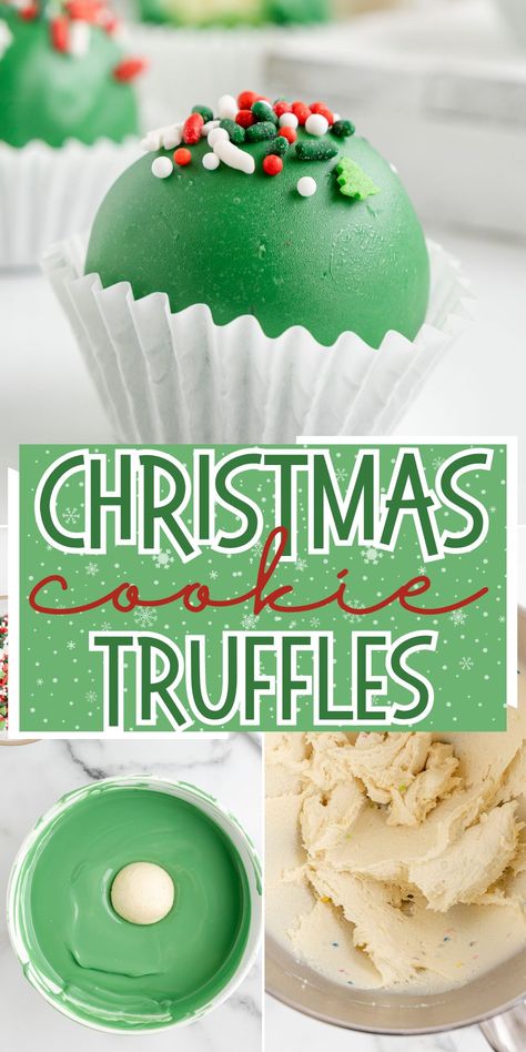 These festive Christmas Cookie Truffles use store-bought frosted Lofthouse sugar cookies to create little balls of sweet cookie goodness, dunked in chocolate, and then decorated with Christmas sprinkles. Sugar Cookie Truffles, Truffle Recipe Christmas, Cake Batter Truffles, Truffle Balls, Truffles Recipes, Cake Batter Dip, Peppermint Truffles, Cookie Truffles, Easy Truffles