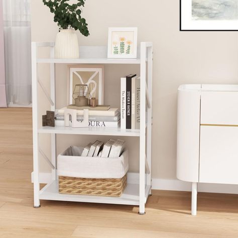 Yorgen Etagere Bookcase Bookshelf For Small Spaces, Small Bookshelves, Narrow Bookshelf, Mini Bookshelf, Living Room Stands, White Bookshelves, Small Living Room Layout, Dorm Organization, Open Bookshelves