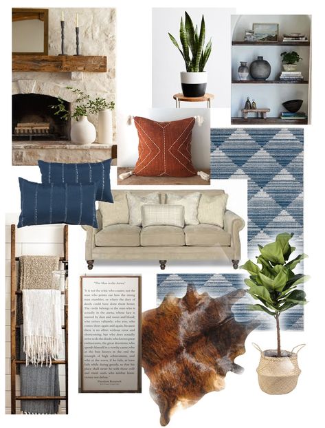 Navy Blue And Cowhide Living Room, Blue Desert Living Room, Navy Southwest Decor, Navy Tan And White Living Room, Indigo Living Room Decor, Grey Blue And Rust Living Room, Western Blue Living Room, Blue And Brown Boho Living Room, Navy And Clay Living Room