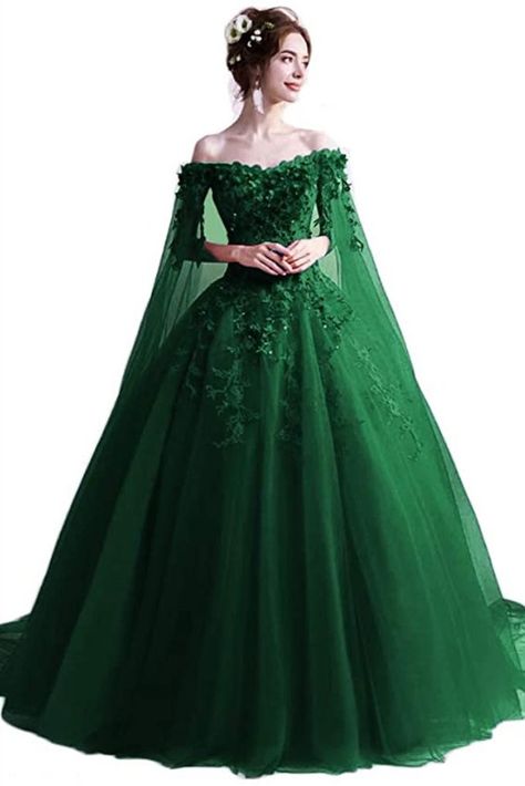 This dark green ball gown features floor length with train, built in bra, lace up back, off the shoulder, sleeveless, lace applique with 3D flowers, soft tulle with cape, quinceanera dresses. Dark Green Ball Gown, Purple Ideas, Puffy Prom Dresses, Masquerade Ball Gowns, Green Ball Gown, Green Wedding Dresses, Green Homecoming Dresses, Pretty Quinceanera Dresses, Green Gown