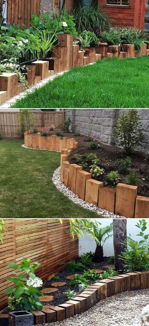 Raised Borders Garden Railway Sleepers, Vertical Railway Sleepers Garden, Garden Design Sleepers, Raised Bed Edging Ideas, Wood Garden Edging Front Yard, Garden Edge Design Ideas, Garden Curved Border, Garden Ideas Sleepers, Railway Sleepers Garden Curved