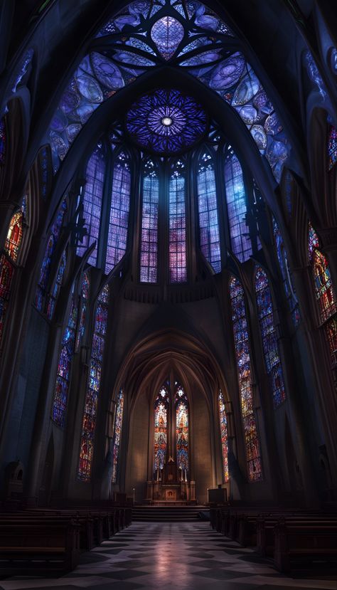 Interior of a gothic cathedral with huge epic colorful stained glass windows Inside Wallpaper, House Inside Aesthetic, Gothic Kingdom, Cathedral Glass Windows, Stained Glass Art Aesthetic, Gothic Style Wallpaper, Gothic Cathedral Wedding, Stain Glass Aesthetic, Gothic Church Wedding