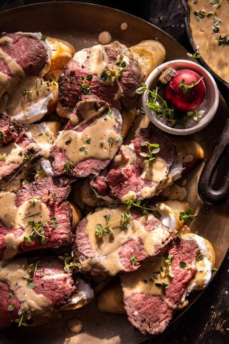 Beef Tenderloin Crostini with Parmesan Wine Cream Sauce: Feels elegant yet comes together in under an hour...sure to be loved by all! Beef Tenderloin Crostini, Tenderloin Crostini, Wine Cream Sauce, Beef Tenderloin Roast, Half Baked Harvest Recipes, Crostini Recipes, Meat And Potatoes, Holiday Appetizers Recipes, Harvest Recipes