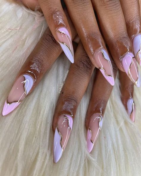 Ubuhle Creationz on Instagram: "Pastel pink and purple 🩷💜 #almondnails #nails #acrylicnails #pastel #gold #pmb #nailart #naildesign #nailaddict" Pink Almond Shape Nails Design, Pink Powder Nails With Design, Good And Pink Nails, Lilac Almond Nail Designs, Pink Purple Gold Nails, Nails Pink With Design, Opal Colored Nails, Purple And Gold Almond Nails, Pink With Gold Flakes Nails